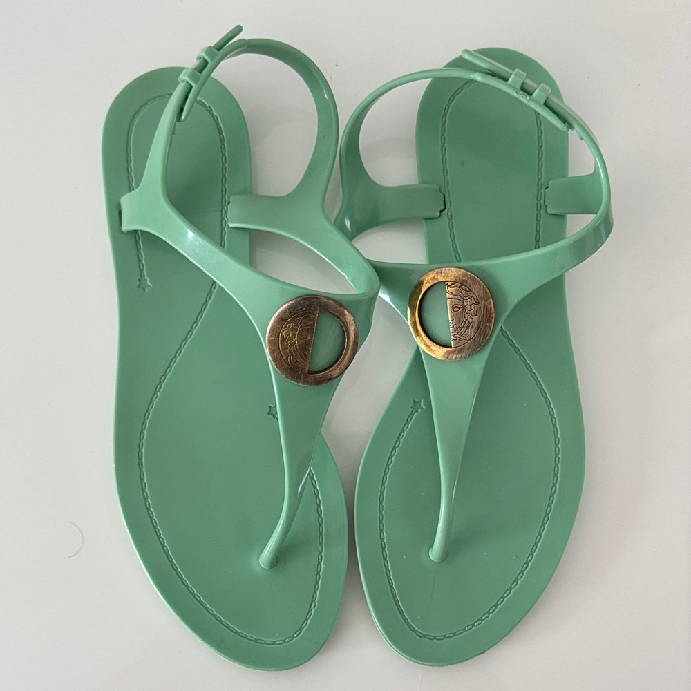 Versace Mint Green Jelly Thong Sandals with Gold Medallions